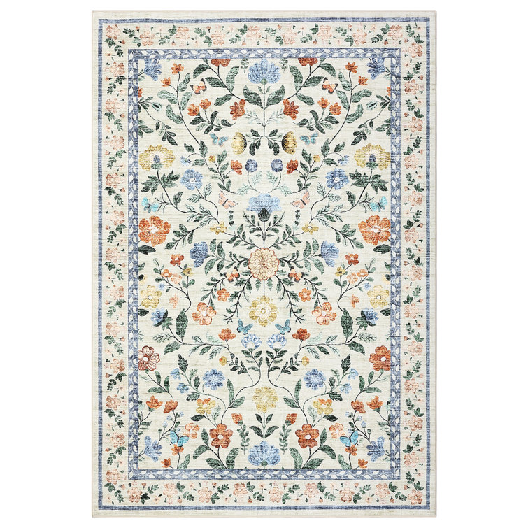 Floral Machine Washable Rug for Living Room, Non-Slip Vintage Floor Mats, Stain-Resistant Soft Faux Wool Farmhouse Indoor Carpet for Bedroom, Nursery, Dining Room