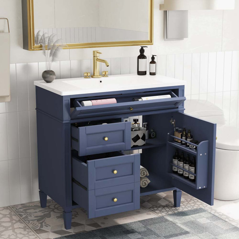 Ensemble de meuble-lavabo simple 36,22 po avec plateau en résine Clemencio, Bleu