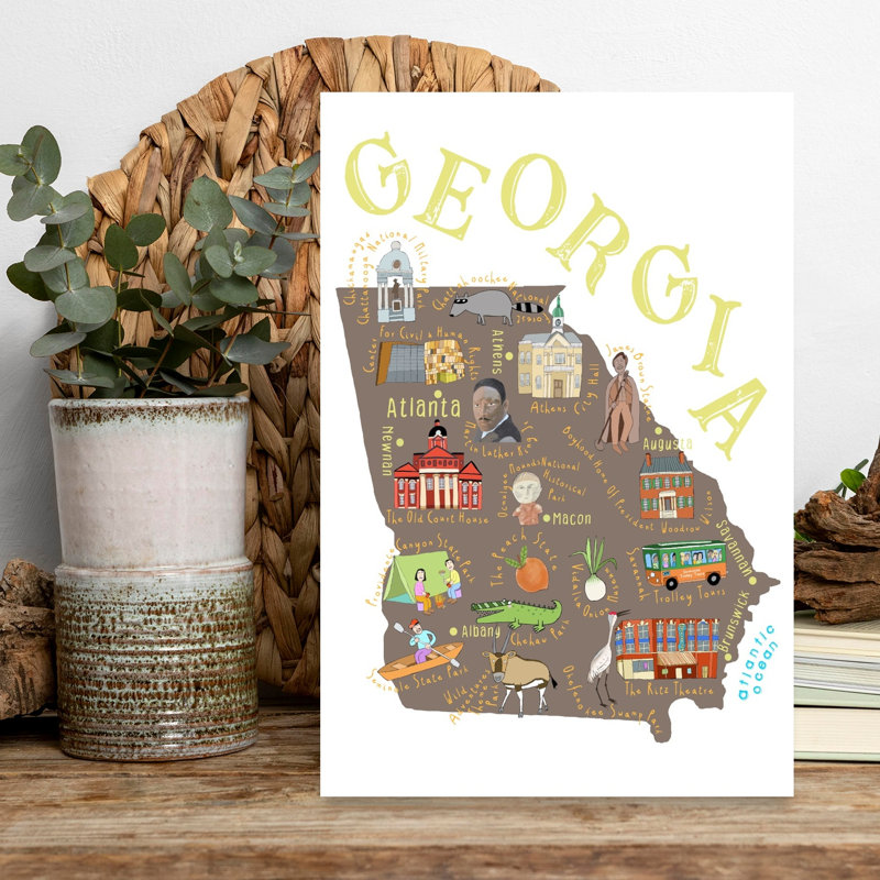 Explore Georgia Map Contemporary Alligator Architecture Nature Wall Art Print, 45.72cm H x 30.48cm W