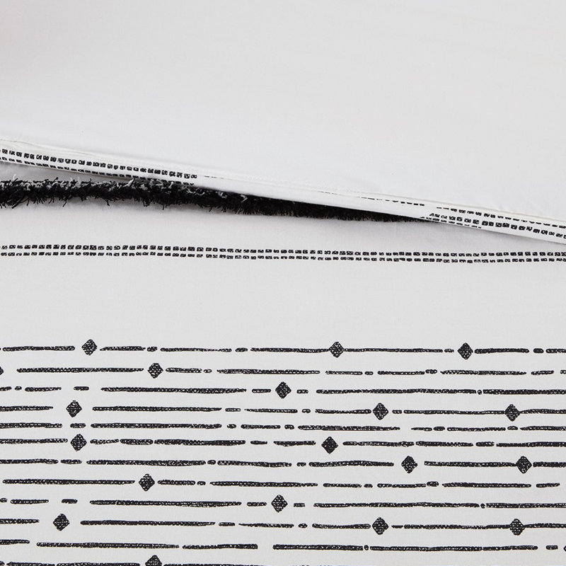 Édredon en coton très grand / très grand - noir / blanc, avec pampilles imprimées et Bartacking caché, 2 taies décoratives en coton noir et blanc, rayures