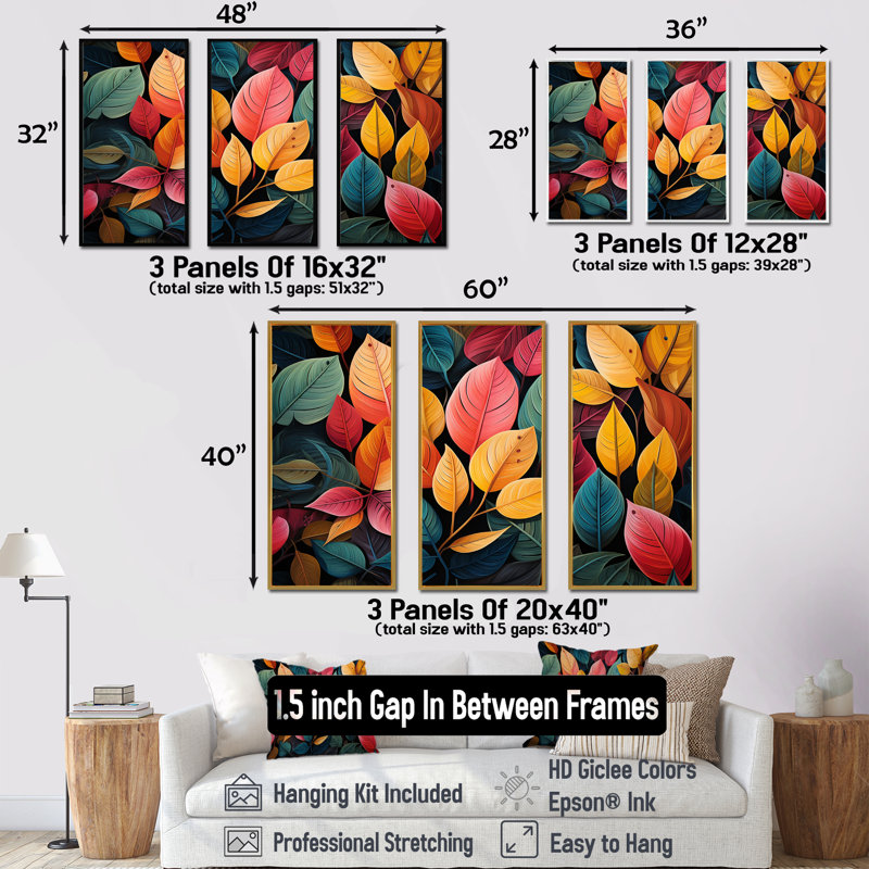 «Abstract Leaves Wilderness Collage», ensemble d'art mural feuilles, Cadre flottant noir, H 32 po x l 48 po x P 1 po