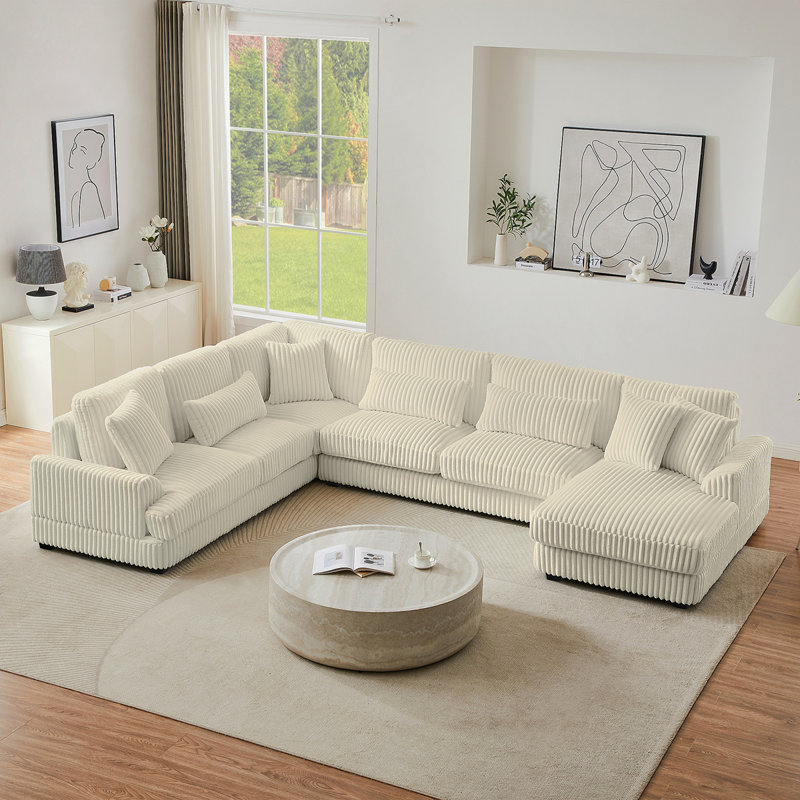 129" Oversized Sectional Sofa U-Shaped Sofa Couch Modern Sofa Upholstered In Soft Corduroy With A Chaise Lounge For Living Room, Beige