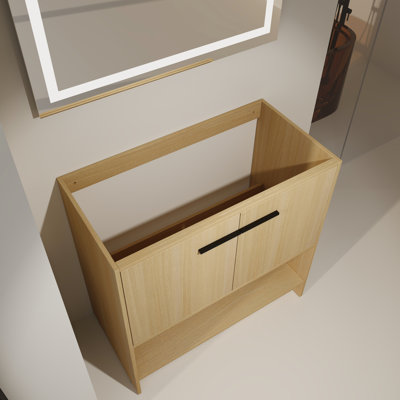 Meuble-lavabo de 36 po, contreplaqué autoportant avec 2 portes, facile à assembler, style américain, résistance à l'humidité de couleur chêne, lueur