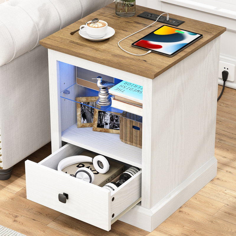 Pikne 24"Tall 1-Drawer LED Nightstands with Storage and Built-In Outlets, White / Brown