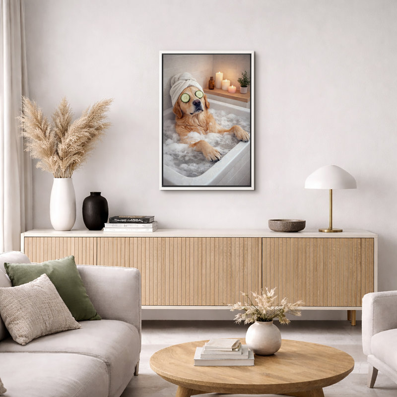 «Relaxing Golden Retriever Spa Bath», impression sur toile, impression sur toile encadrée, H 36 po x l 24 po x P 1,5 po