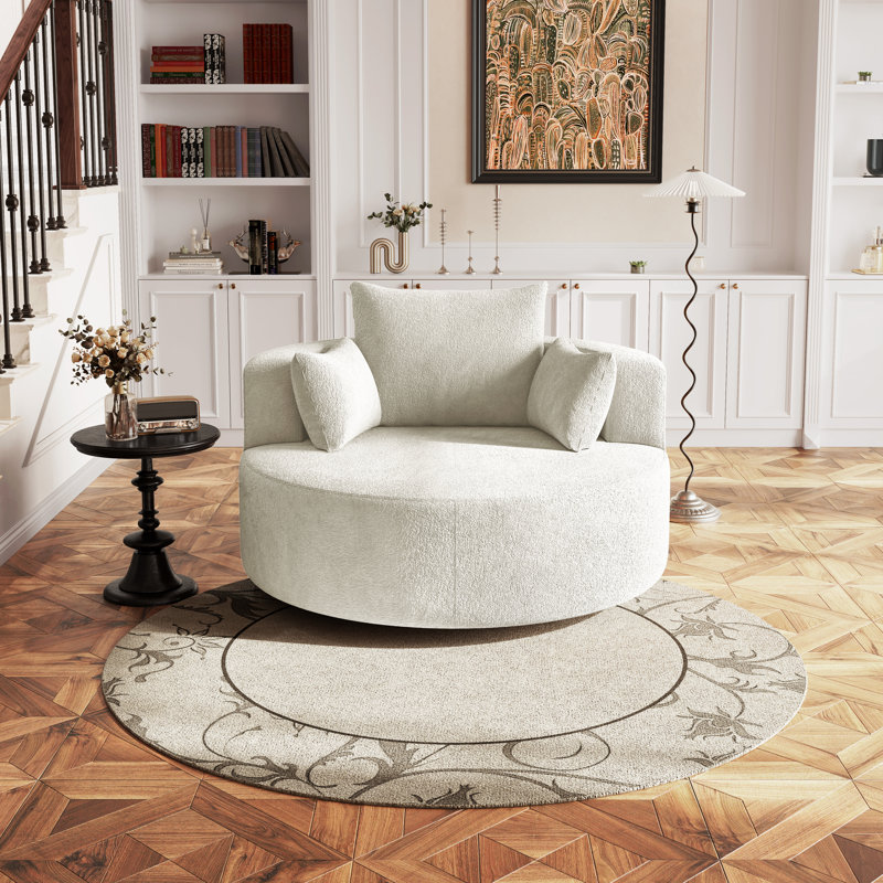 Compression Packed Oversized Chenille Round Accent Chair With Wide Seat, 360° Swivel Base, And Throw Pillows Included