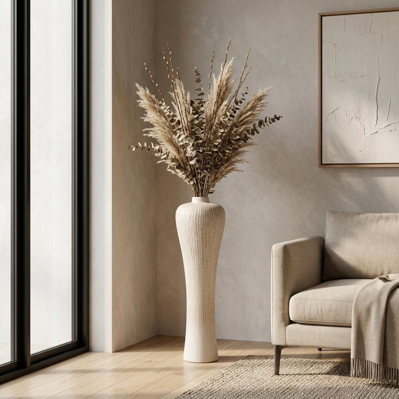 Tall Flared Ceramic Floor Vase for Living Room Home Decor - Modern Chiseled Stoneware Table Flower Vase for Bedroom or Office Display - Ivory & Brown