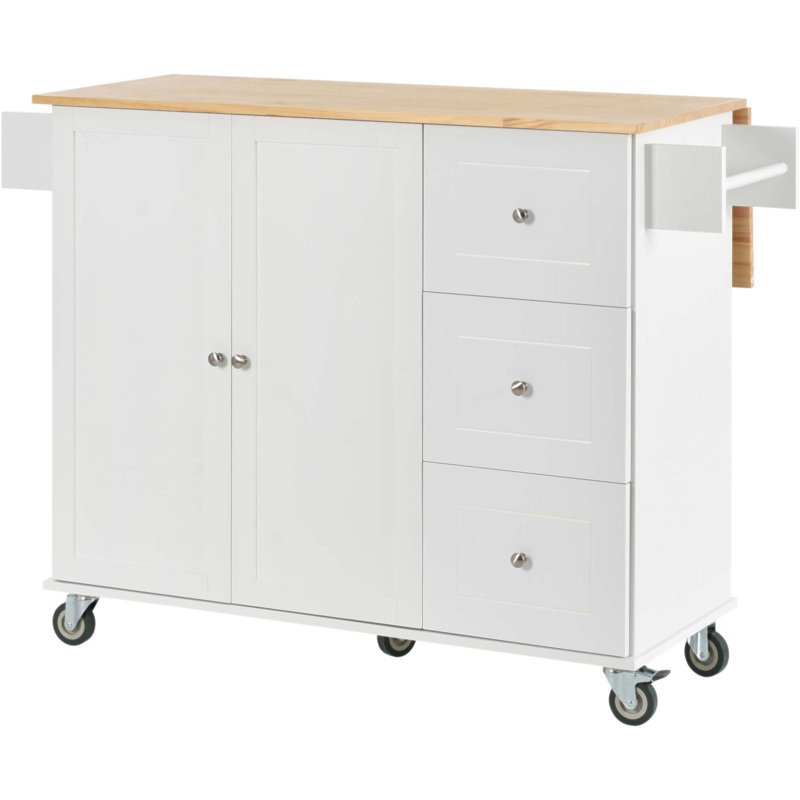 Îlot de cuisine mobile avec plateau en bois massif, roulettes verrouillables et multiples options de rangement pour plus de fonctionnalité et de commodité.