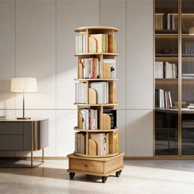 5-Tier 360° Rotating Bookshelf With Drawer & Wheels, White Movable Storage Organizer