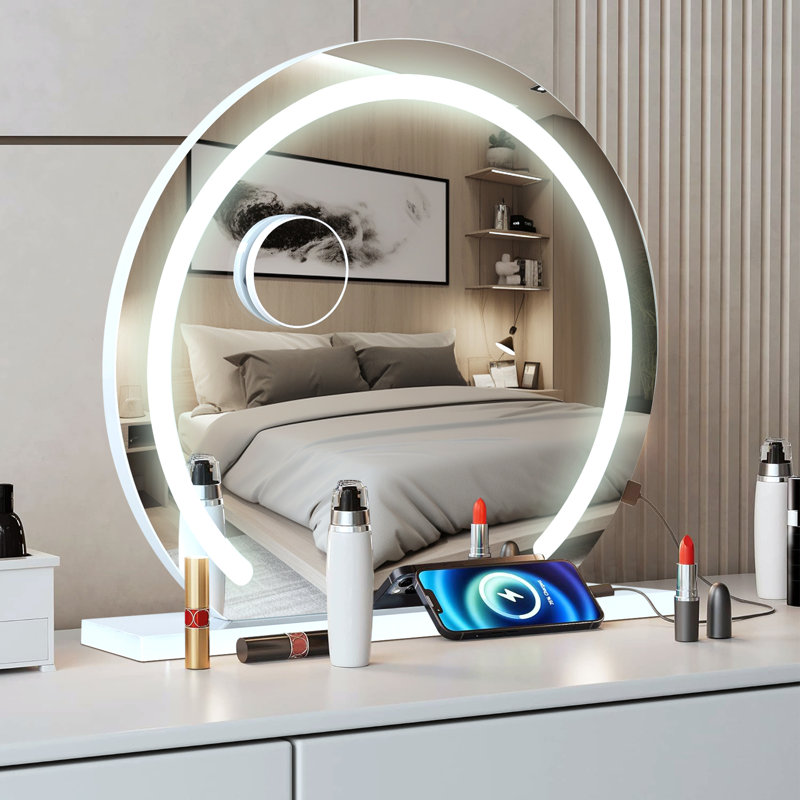 Makeup Mirror with 3 Color Lights, Makeup mirror with Dimmable LED Light Strip, Large Round Mirror, 50 cm H x 50 cm W