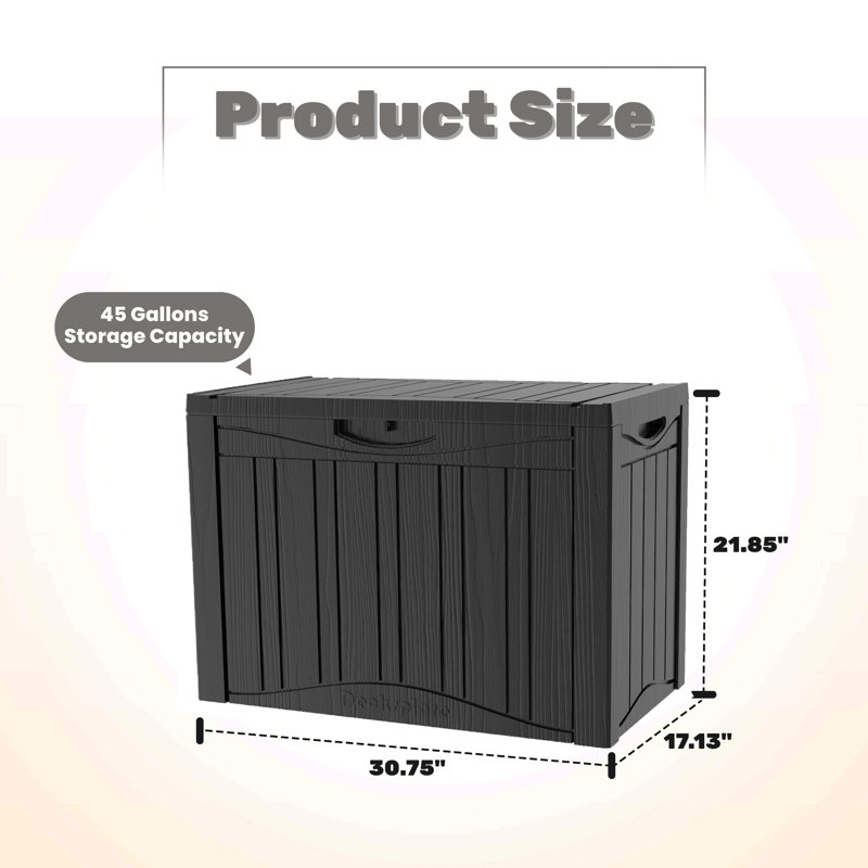 45 Gallon Water Resistant Resin Storage Lockable Deck Box, Black, 21.85" H x 30.75" W x 17.13" D
