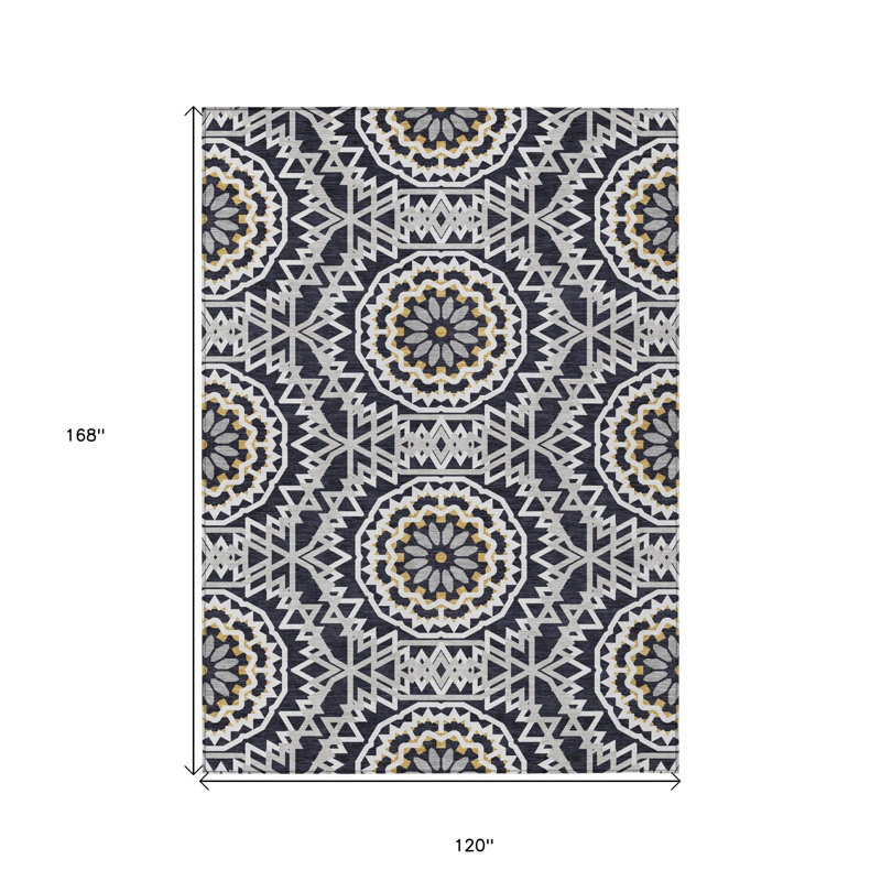 Tapis intérieur lavable 10 pi x 14 pi noir ivoire et gris à médaillon floral