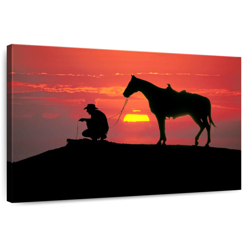 Cowboy du Texas au coucher du soleil, H 16 po x l 24 po