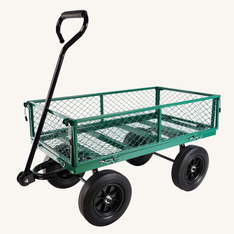 Green Steel Mesh Garden Wagon with Solid Wheels