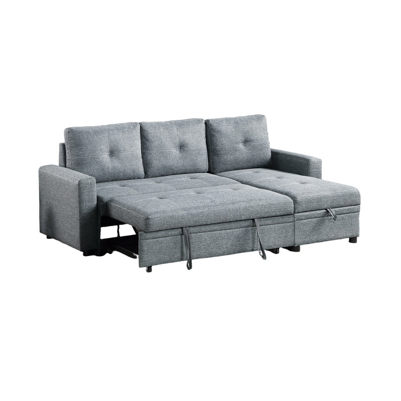 Modern Square Arm Sectional With Pull Out Bed And Chaise Storage In Black Grey Polyfiber