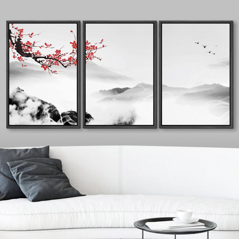 Chinoiserie, cerisier rouge, fleurs sur une chaîne de montagnes brumeuse, nature sauvage, illustrations, art moderne, culture
