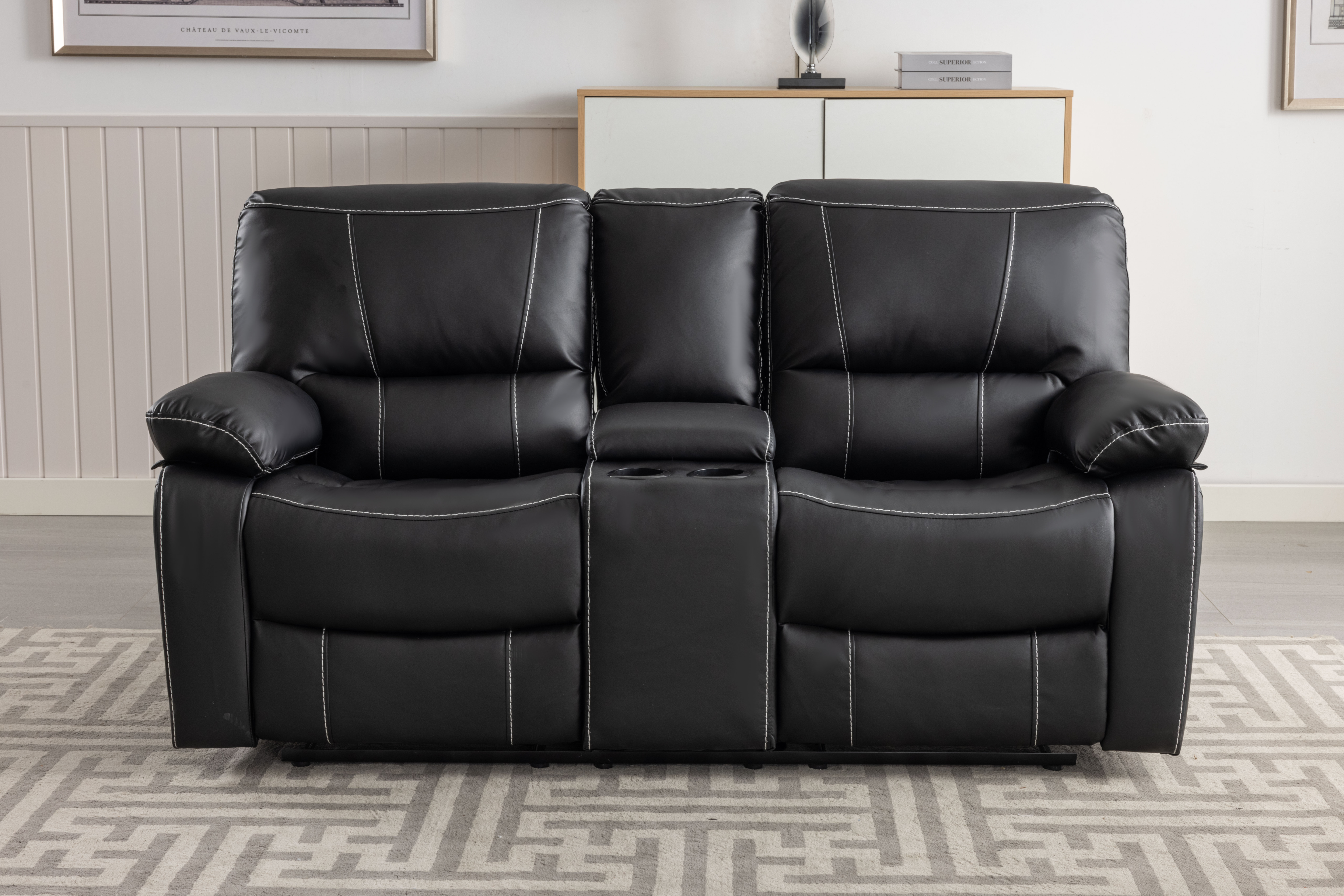 Leather Reclining Sofa Double Recliner Chairs With Cup Holders