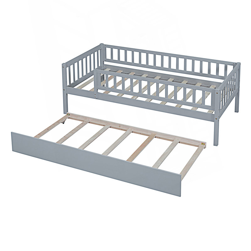 Twin Size Daybed With Trundle And Fence Guardrails, Day Bed, Gray, Twin