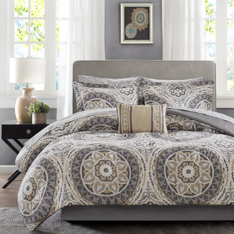 Ensemble d'édredon de neuf articles avec draps en coton Estrin, Édredon très grand lit californien + 8 pièces s, Pes
