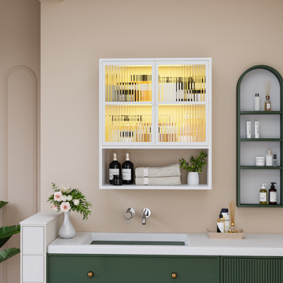 Bathroom Cabinet Wall Mount, Metal Medicine Cabinet with Glass Doors and LED Light, Bathroom Wall Cabinet Over The Toilet, White Hanging for Kitchen Laundry Room