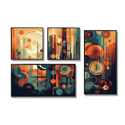 Orange et bleu abstrait nostalgie II - Art abstrait sur toile Mid-Century 4 pièces