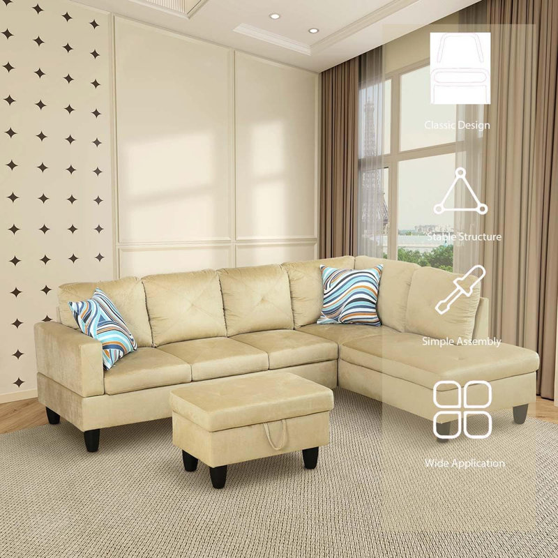 3-piece Microfiber Sectional Sofa, Right Hand Facing, Beige Microfiber