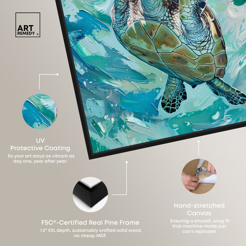 Serene Turtle Coastal Canvas Wall Art with Black Frame, 46" x 31"
