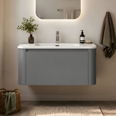 Meuble-lavabo mural de 76 cm (30 po) avec lavabo en céramique, tiroir à fermeture amortie, meuble préassemblé, gris
