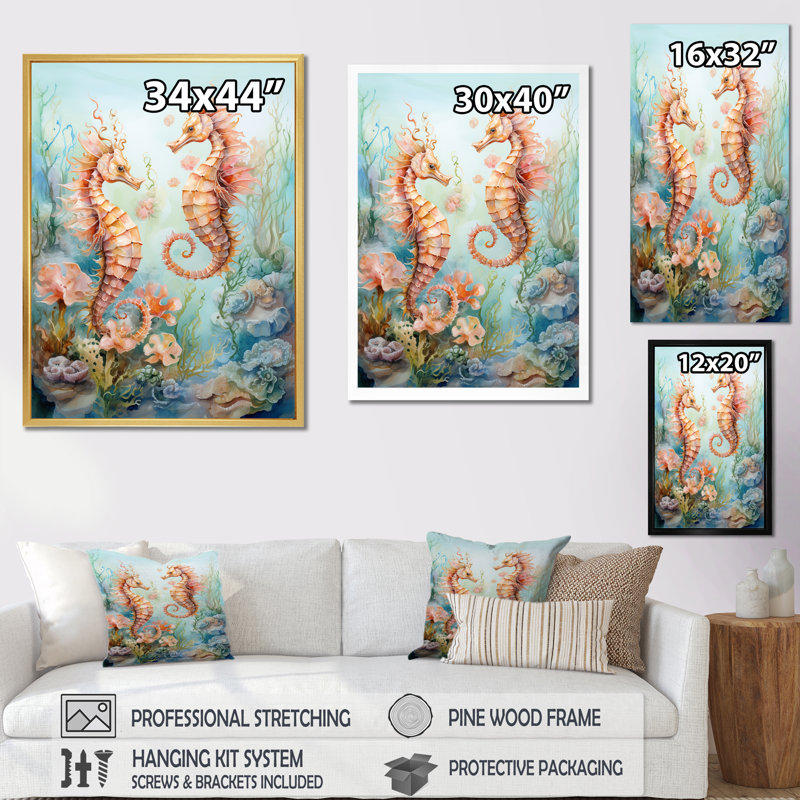 «Watercolor Sea Dragons Dance» sur toile, Cadre flottant doré, H 32 po x l 16 po x P 1 po