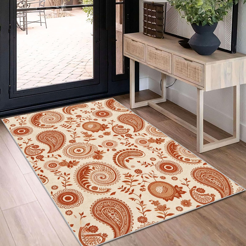 Orange Paisley Carpet-waterproof, easy to clean, machine-washable, soft and comfortable; suitable for door mats, kitchens, living rooms, bedrooms, corridors, and laundry areas. Easy to clean, durable carpet for home decoration.