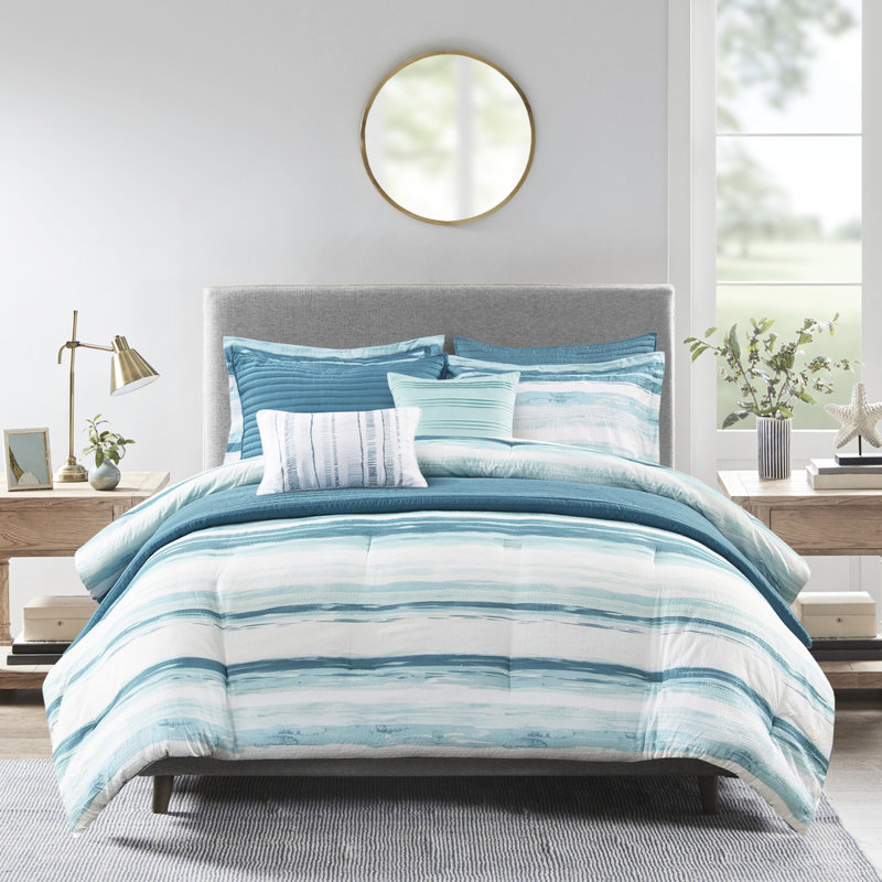 Courtepointe pour couette double / grand 8 pièces Seersucker, Turquoise, Édredon grand + 7 pièces supplémentaires inclus