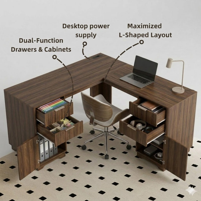 60"W L-Shaped Desk With 2 USB Ports and 3 Power Ports, Storage, Brown