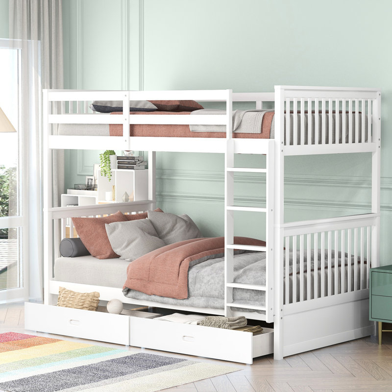 Le lit superposé Twintwin avec échelles et rangement - blanc, répond à différentes exigences, ajoute du style à la chambre à coucher