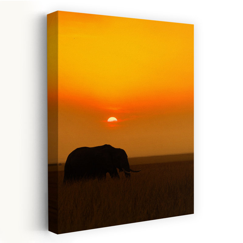 Elephant Sunset Silhouette Abstract Contemporary Landscape Nature Wall Art Print 1 Piece Wrapped Canvas Wall Art
