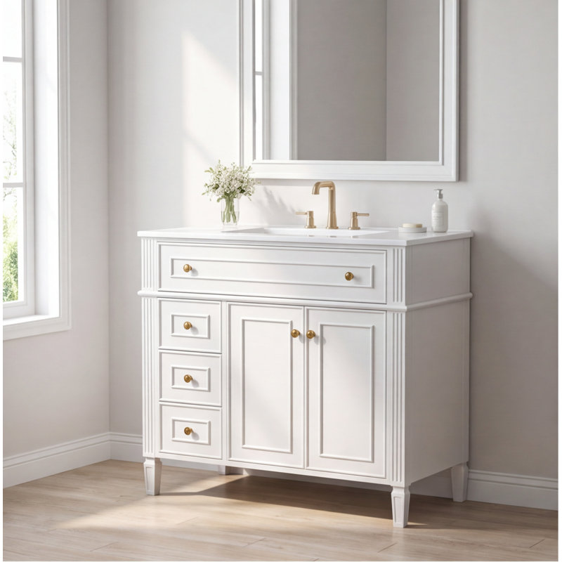 Meuble-lavabo blanc 36 po avec lavabo, armoire en bois massif et panneau de fibres à densité moyenne, tiroir rabattable, portes à fermeture en douceur, quincaillerie dorée