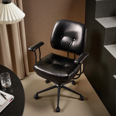 Mid-century Faux Leather Office Chair With Arms, Adjustable Swivel Desk Chair For Office Or Vanity – Compact Ergonomic Task Chair by 17 Stories