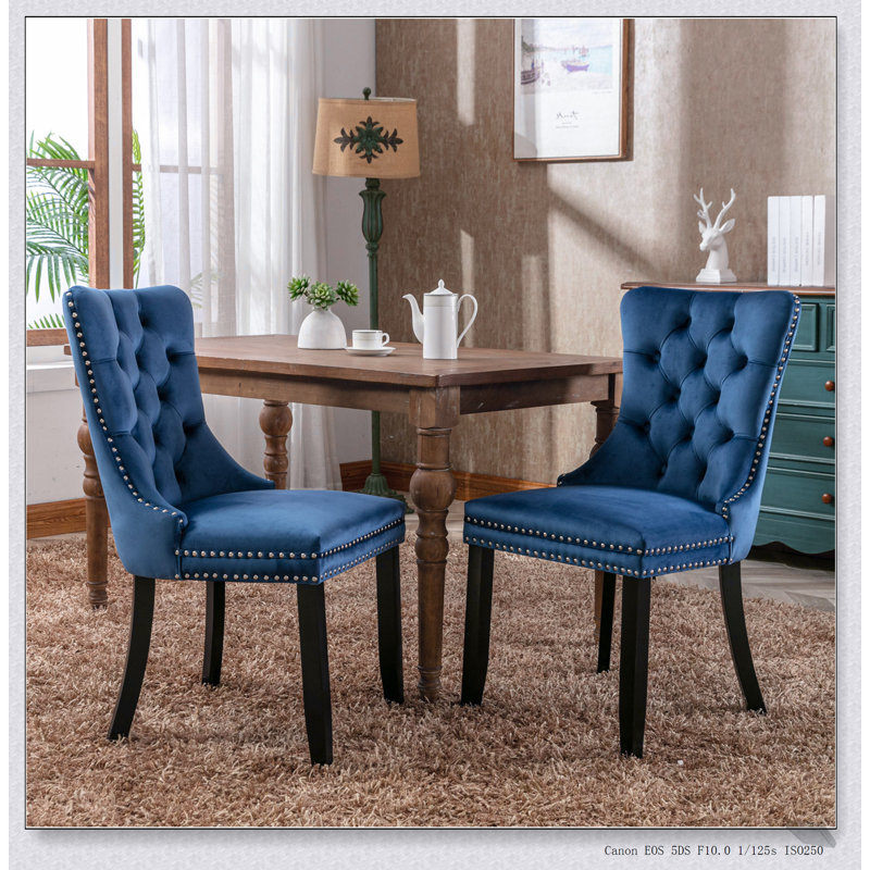Ensemble de chaises de salle à manger rembourrées en velours de bois massif Nikki, Bleu