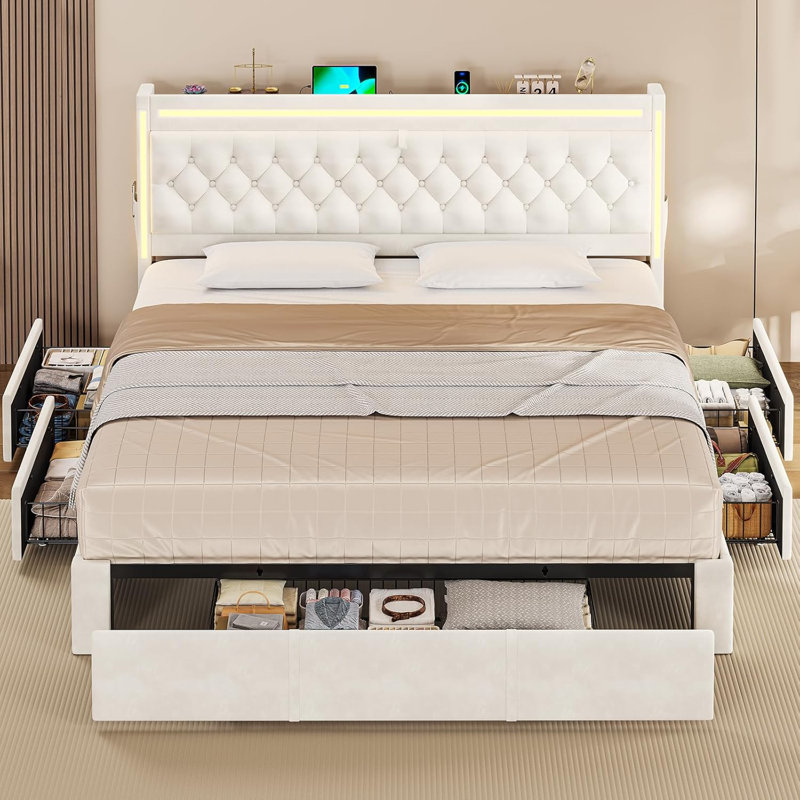 Structure de lit beige avec 5 tiroirs de rangement XL, Beige Velvet, Grand lit