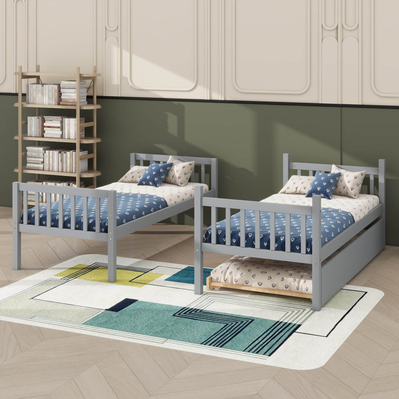 Rubber Wood Bunk Bed Comes With Trundle Bed, Ladder, Can Be Converted Into Two  Beds, Gray, Twin Over Twin