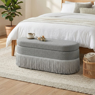 Upholstered Storage Ottoman Bench with Lift-Top Lid & Fringe Trim, Large Oval Ottoman with Metal Legs & Hidden Storage for Living Room Bedroom