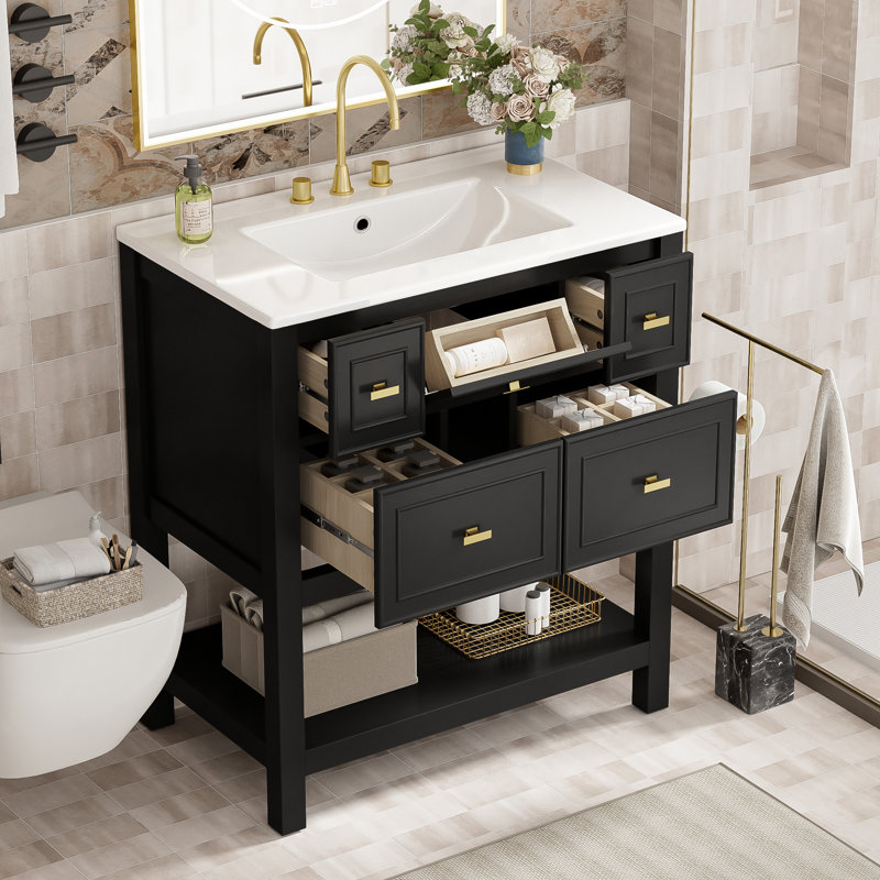 Meuble-lavabo 30 po avec lavabo en céramique, Noir