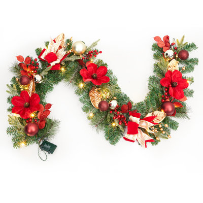 6 ft Pre-Lit Christmas Garland with 20 LED Lights, Red Gold Flowers Ball Ornaments for Mantle Stairs Fireplace Decor