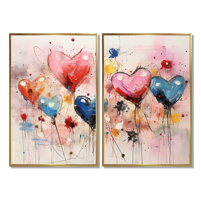 Rose et bleu cœur Pop Art 1 - Art mural rose 2 pièces, 36" H x 48" W, Impression encadrée flottante, Gold