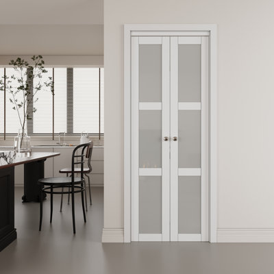 30" x 80" 3-Lite Frosted Glass Solid Core Manufactured Wood Pivot-French Or Bi-Fold Doors with Hardware Kit,White.(Ideal for Closet,Pantry,Laundry,Bathroom)