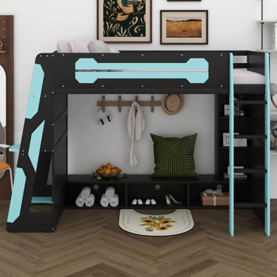 Lit mezzanine pour lit simple avec bureau et lumières RVB, lit mezzanine avec tablettes de rangement et station de recharge pour adolescents et enfants