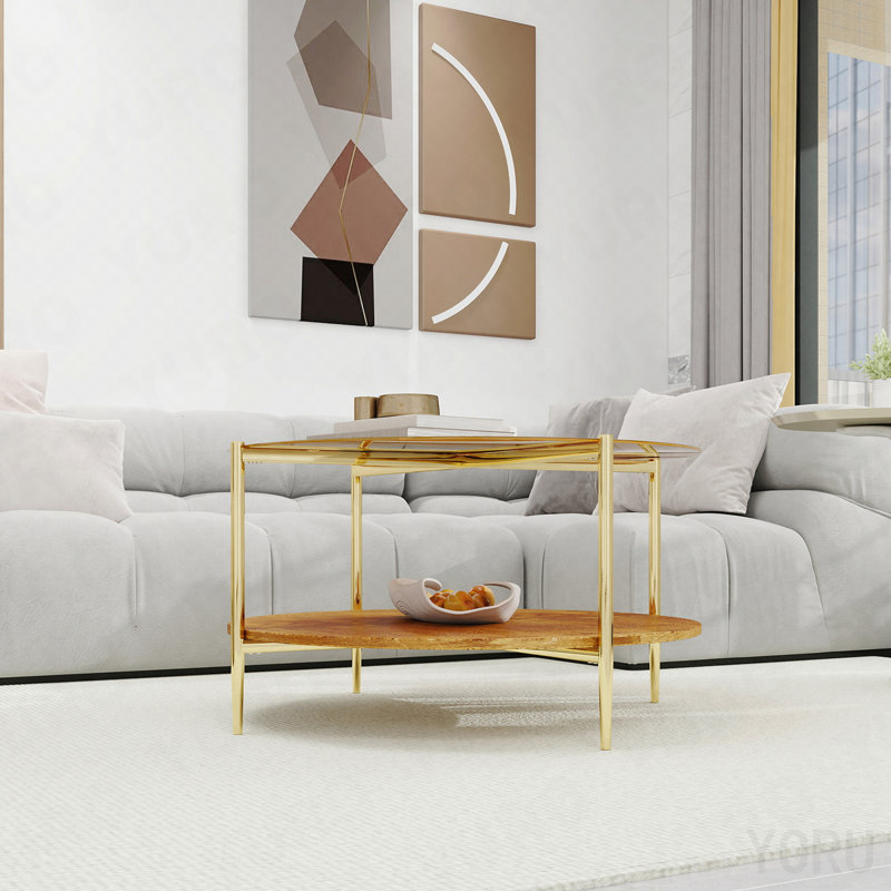 Modern Gold Round Double-Layer Coffee Table - Tempered Glass, 32.28 Inch Diameter