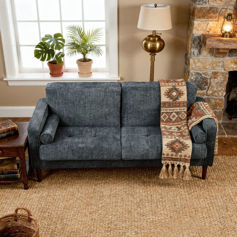 Causeuse à accoudoirs carrés 62,7 po Carmelinda, Chenille gris-bleu