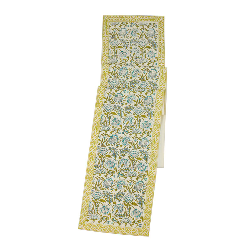 Fresh Foliage Block Print Cotton Table Runner, Light Green