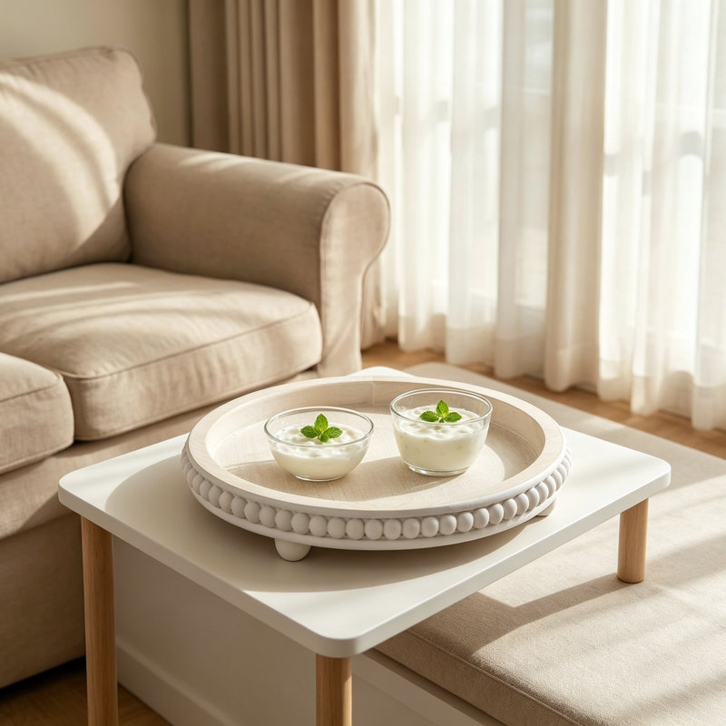 Decorative Tray With Removable Legs, White Washed Wooden Beaded Coffee Table Tray, Rustic Farmhouse Centerpiece For Living Room And Kitchen Counter Decor
