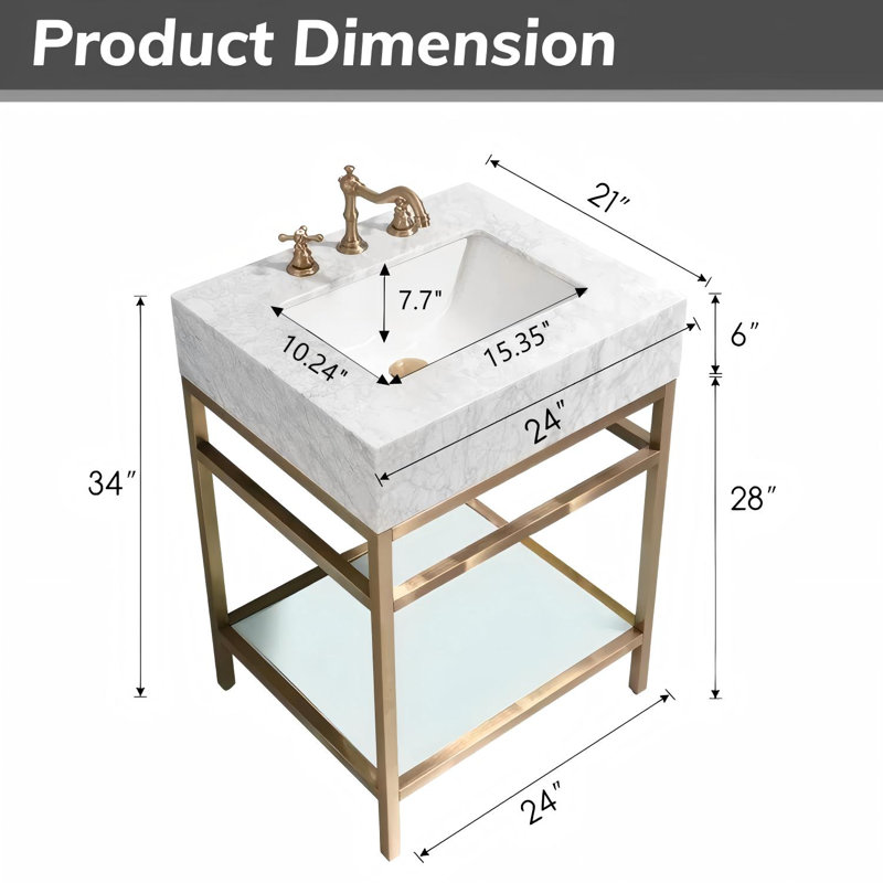 24" Natural Carrara Marble Console Bathroom Vanity with Sink, Gold Stainless Steel Frame and Glass Shelf, Gold, 24"